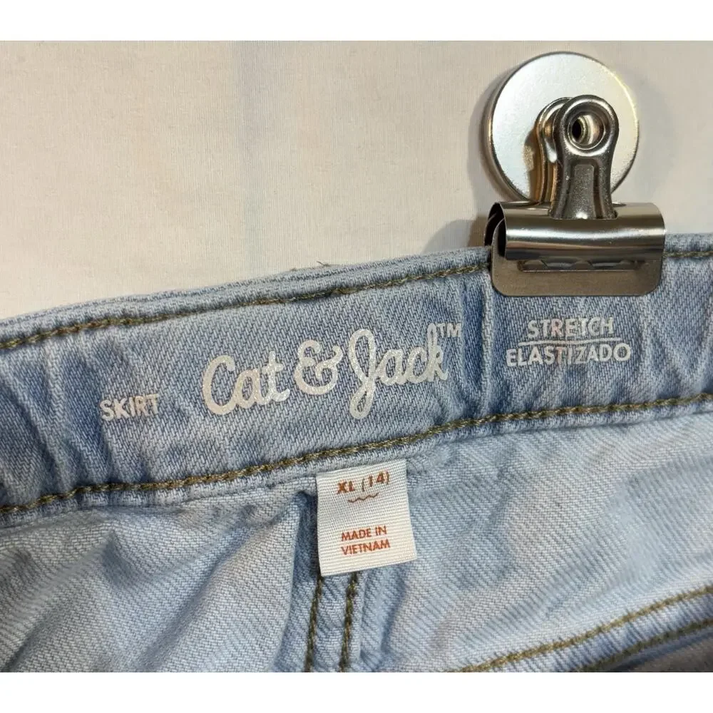 Cat & Jack Girls XL 14 Light Wash Stretch Cargo Denim Skirt Blue Pockets